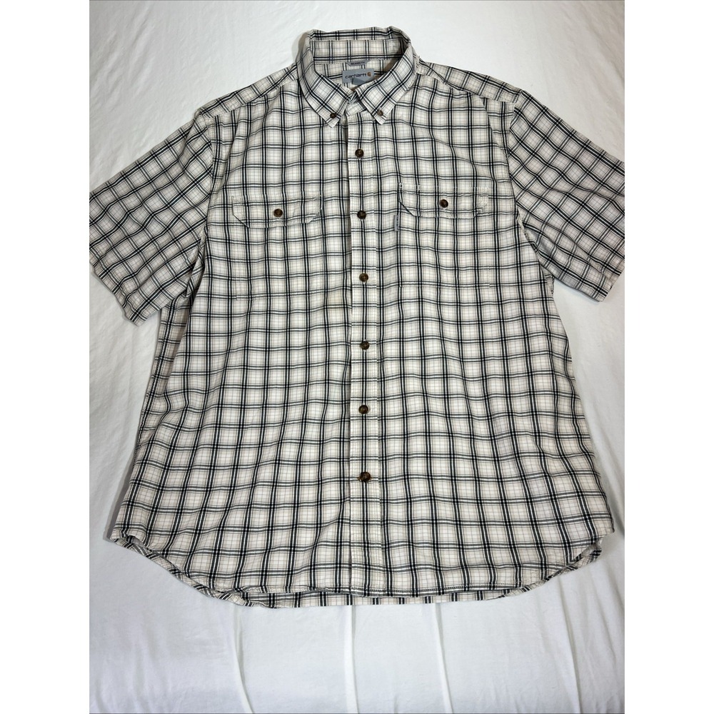 Carhartt Shirt Men's Large Relaxed Fit Button Up Plaid Tan Black White XL